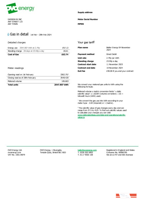 United Kingdom Ovo Energy business utility bill, Word and PDF template PSD template